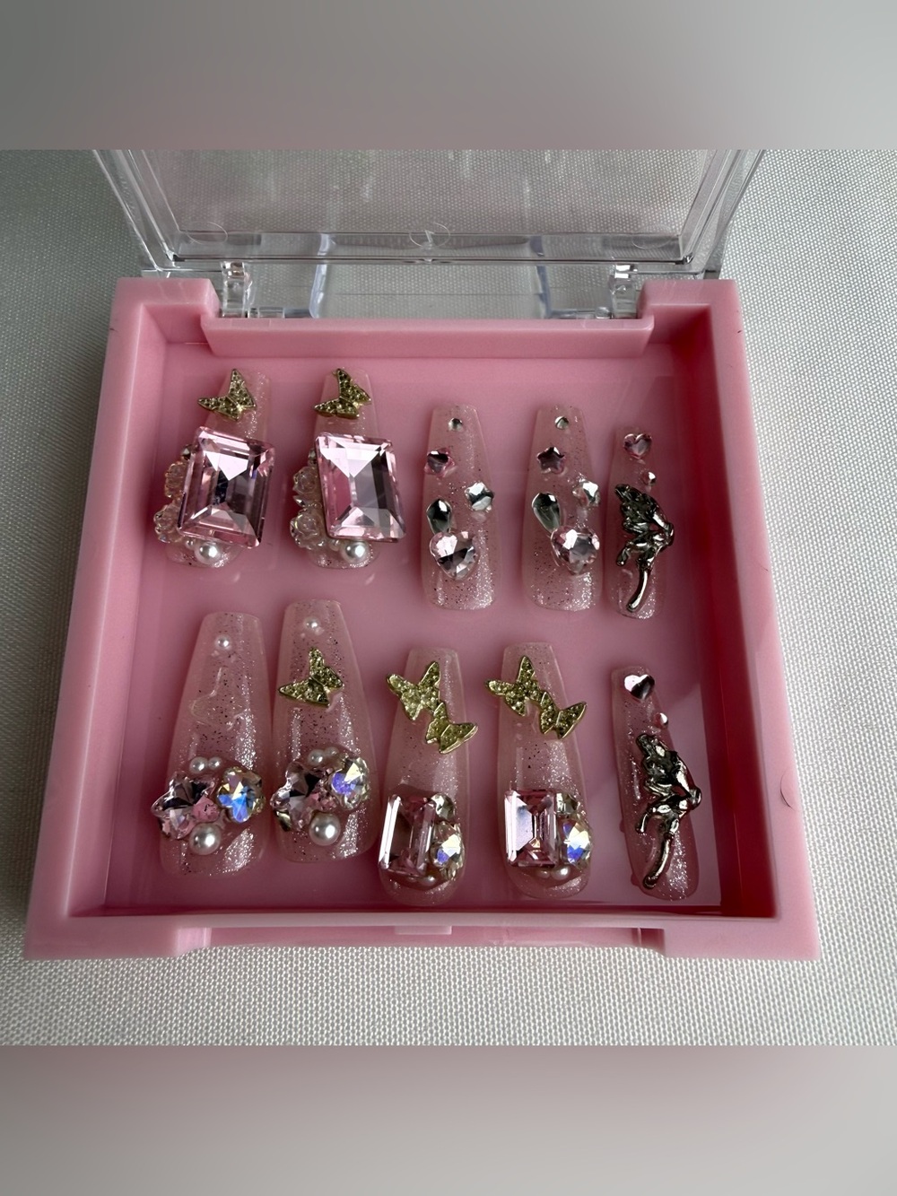 Pink Rhinestone Butterfly 3D Press-On Nails 10 Piece Set